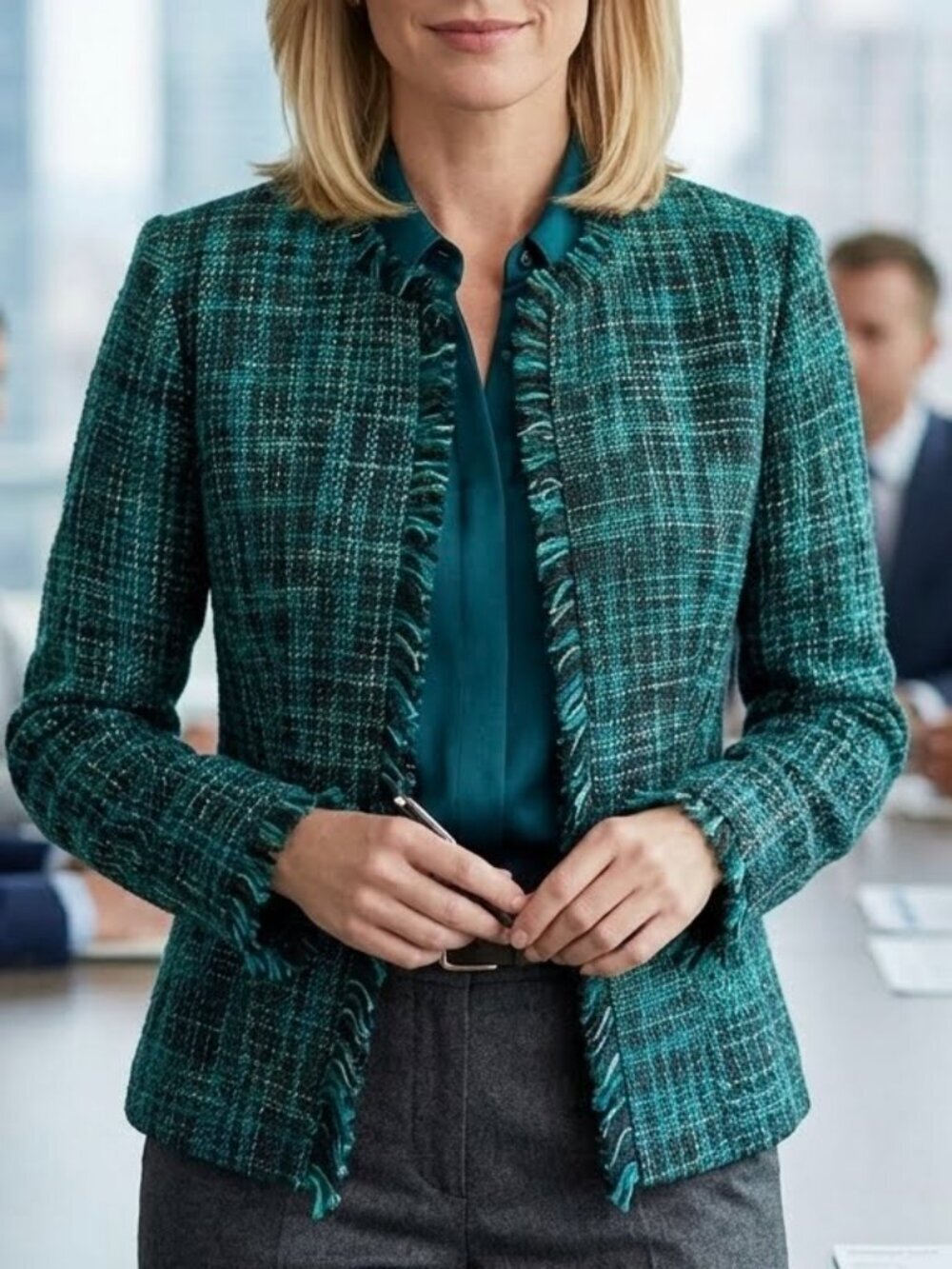 Dialogue Teal Tweed Jacket Size 10 Fringe Trim Pockets Lined Career NEW W TAGS